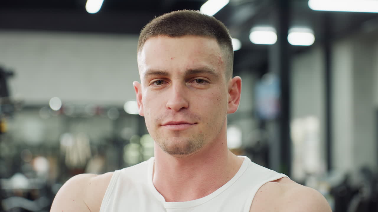 Portrait of gym goer standing beside fitness machine in fitness center, wearing tank top, looking down with calm smile while overhead lights reflect off equipment, showing focus and healthy lifestyle