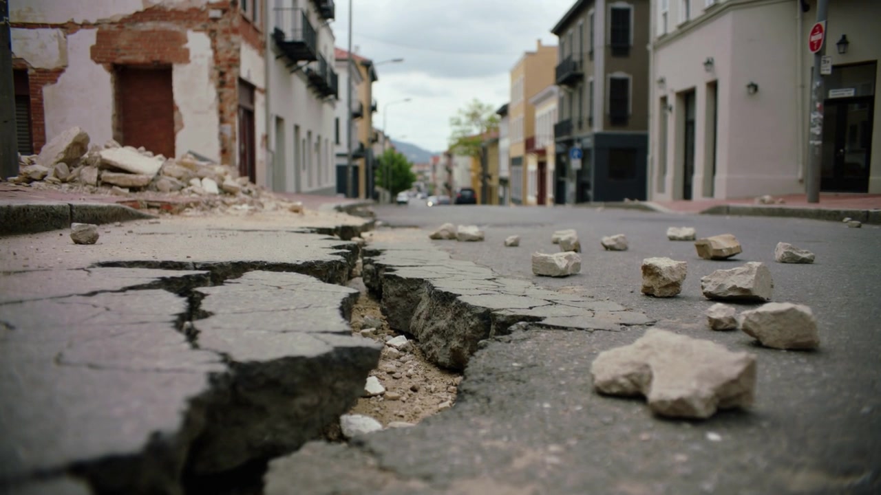 Mostrando asfalto fessurato e pietre che riempiono l'inquadratura mentre la telecamera si sposta su una strada urbana, da riparare.