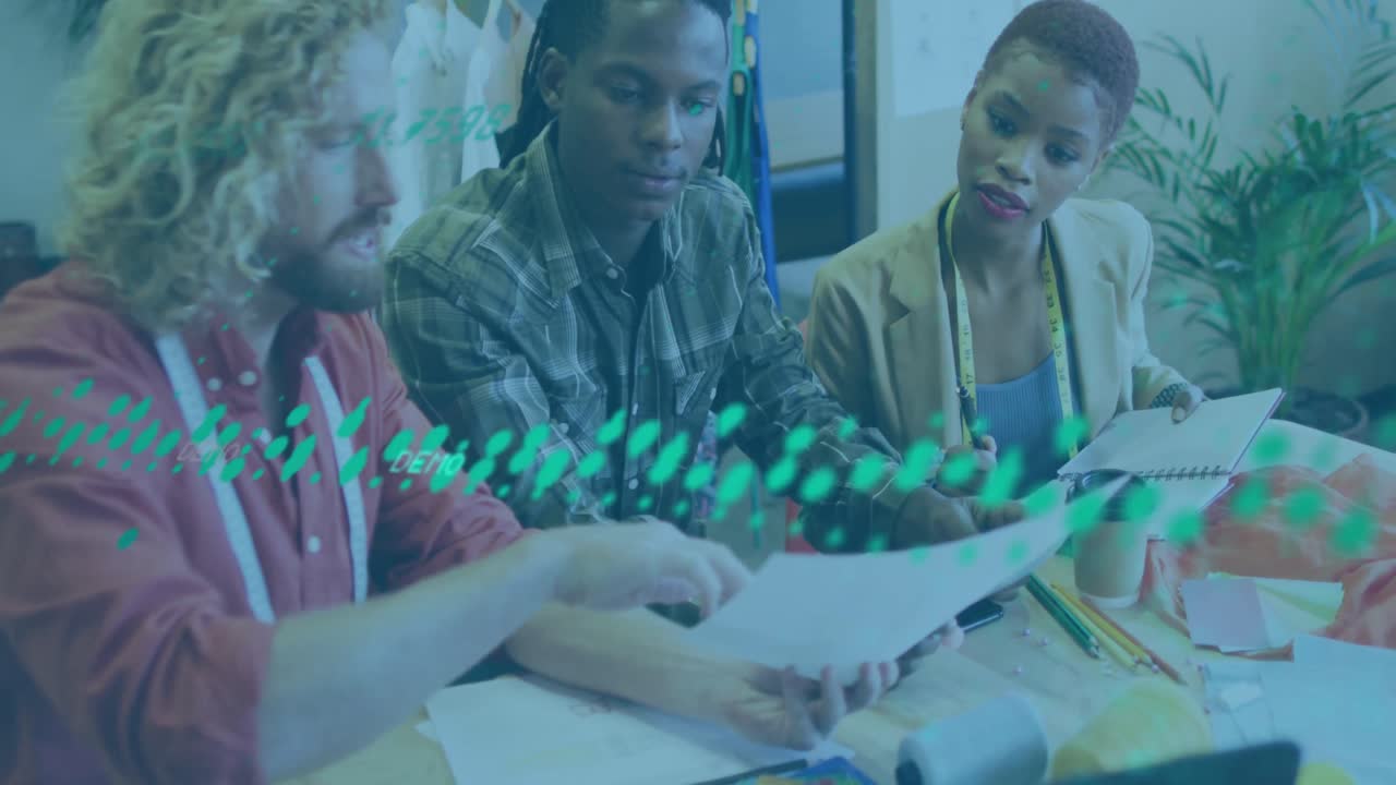 Animation of data processing over diverse business people working in office