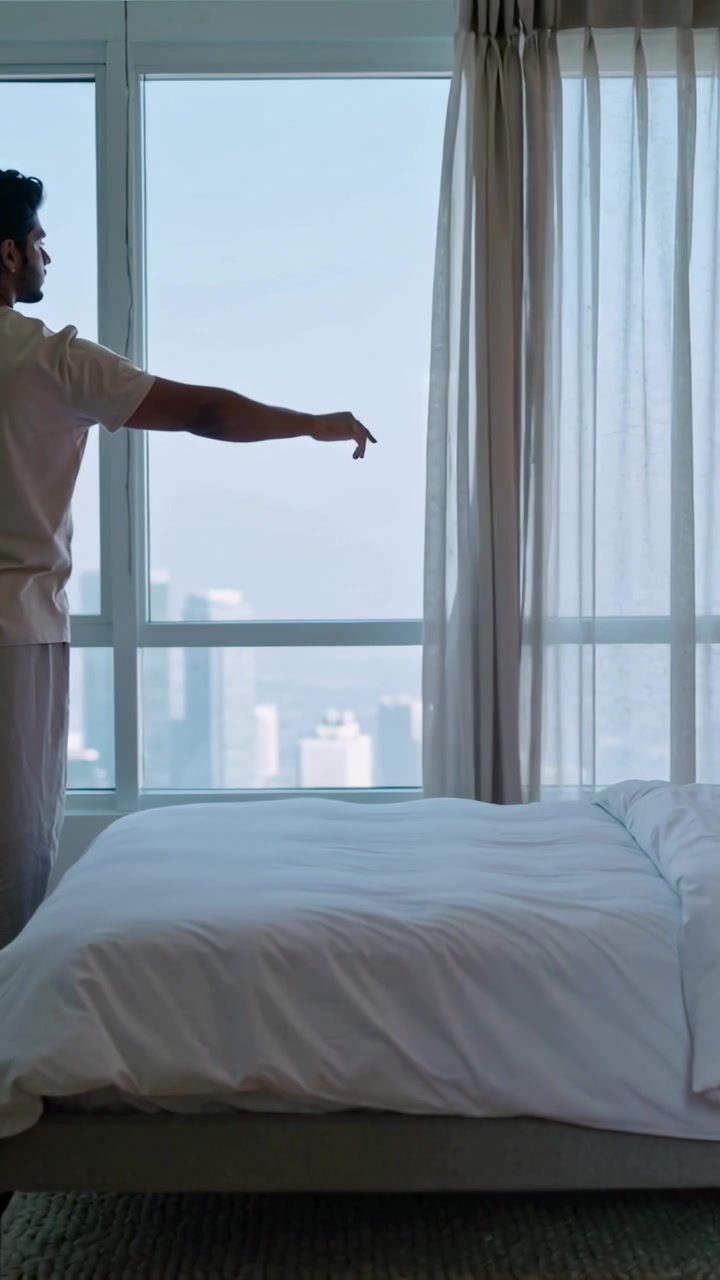 Vertical video: Dawn urging man in pjs pulling curtain in bedroom revealing skyline, copy space