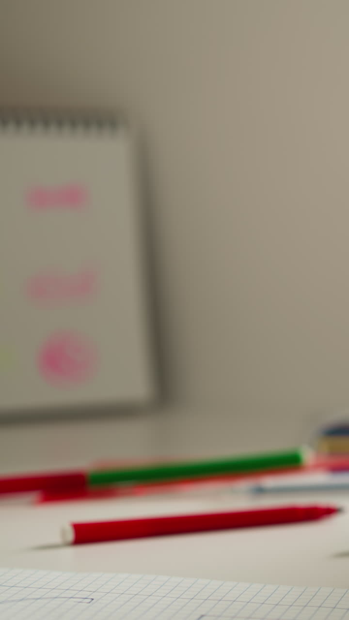 niña de escuela quita bruscamente la tapa verde de la pluma de punta de fieltro roja. niña lanza suministros de dibujo sobre la mesa y dobla las manos. niño desarrolla habilidades artísticas