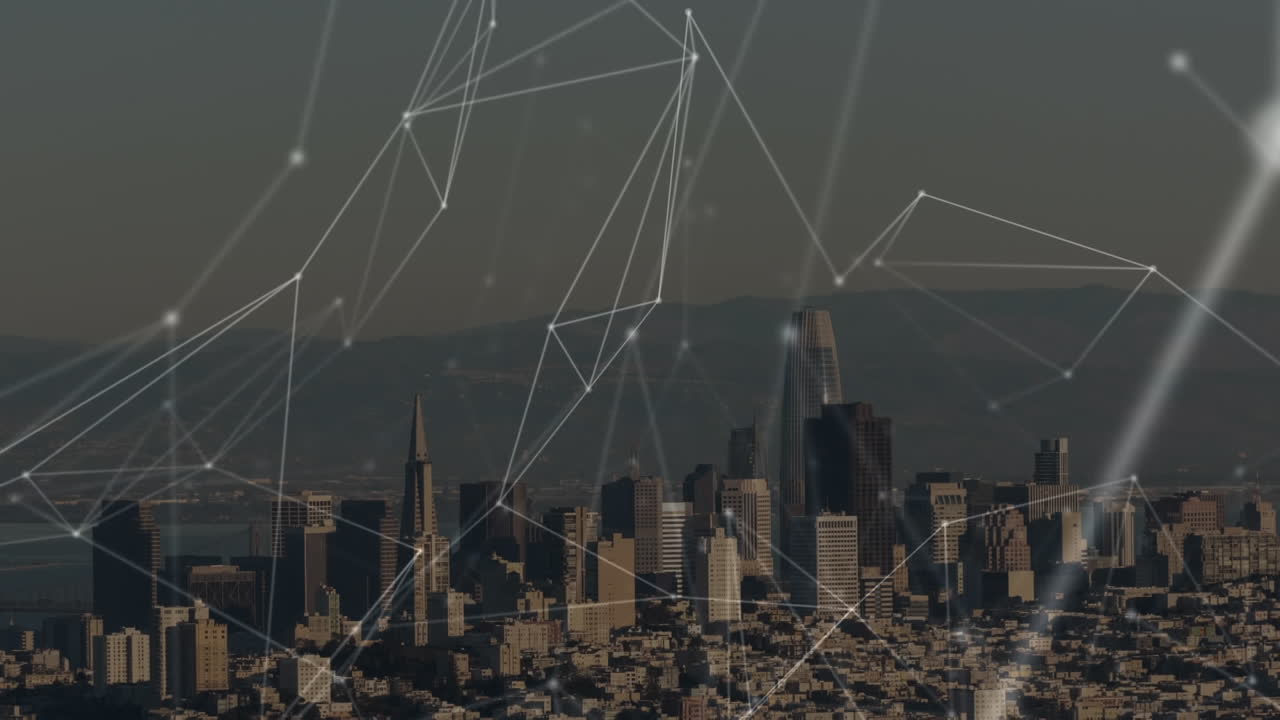 Animation of networks of connections over cityscape