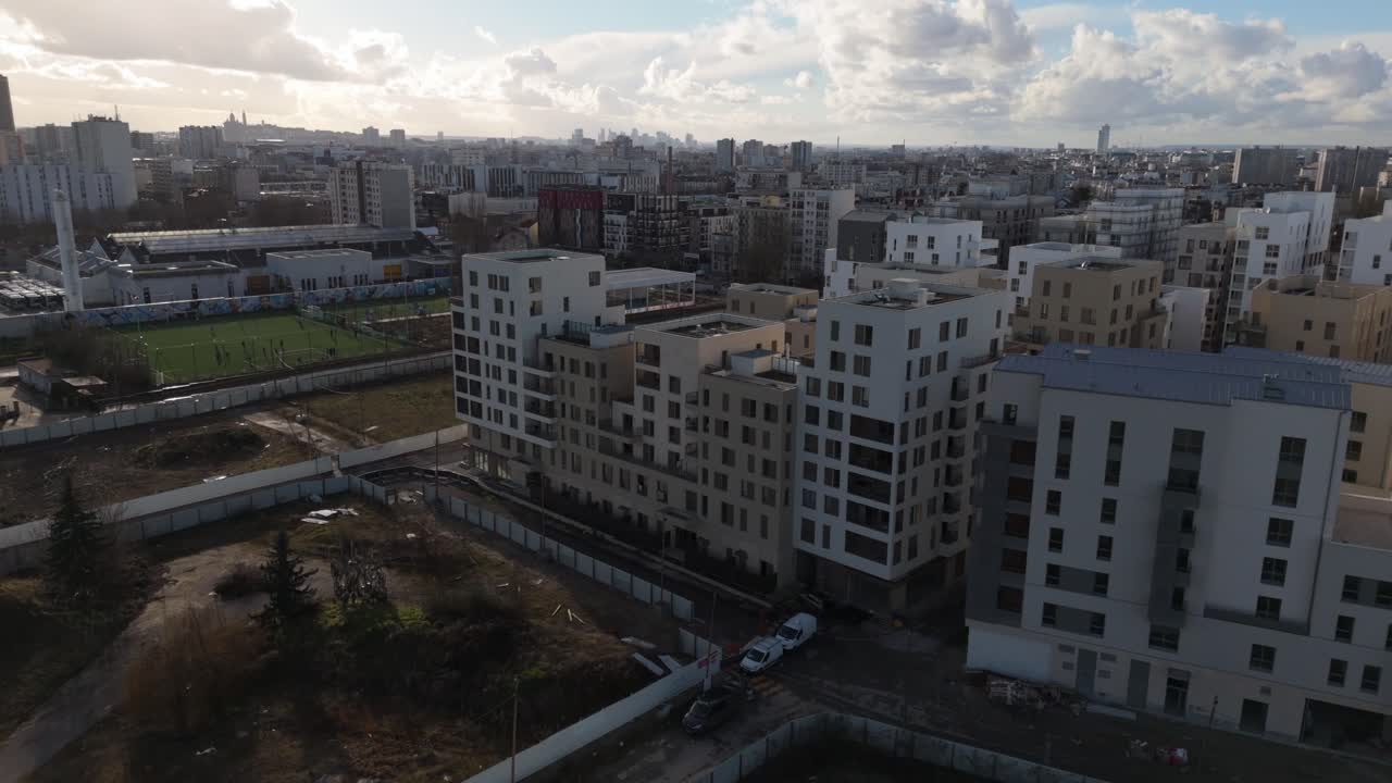 Fort d'Aubervilliers neighborhood, buildings, Paris, France. Aerial forward