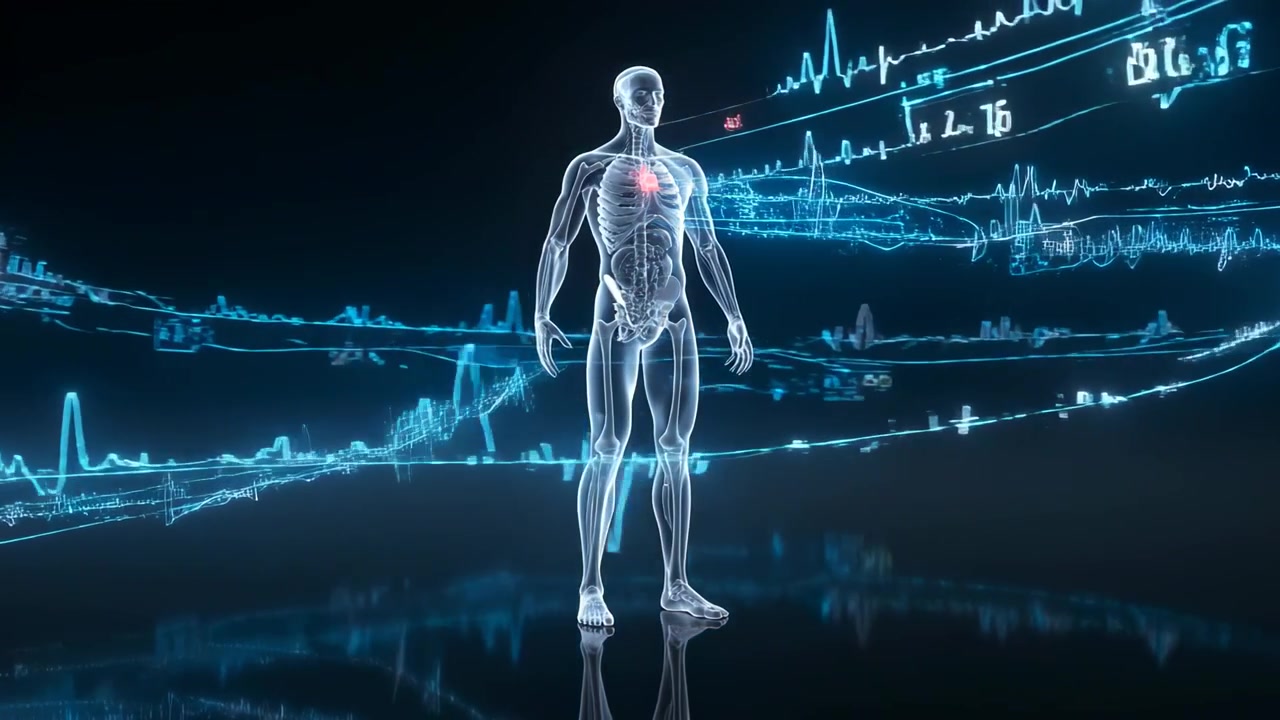 Data starting body model standing lab pulsing red heart syncing blue ECG ribbons for medical study