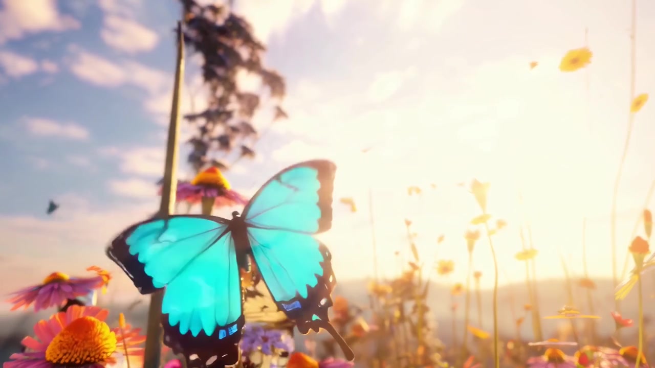 Farfalle variopinte che sorvolano un prato fiorito al tramonto