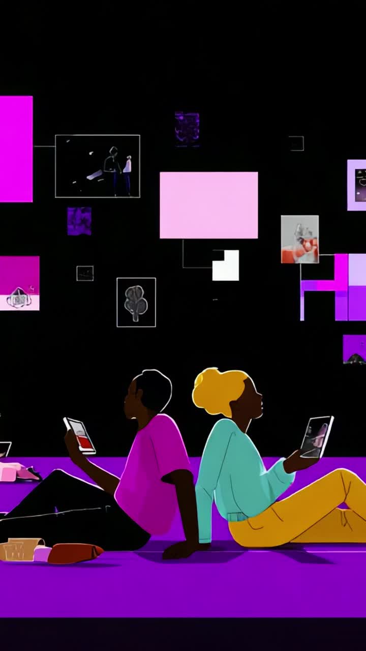 Two individuals sit side by side, engaged with their devices, surrounded by vibrant digital displays, showcasing a modern and interactive multimedia environment