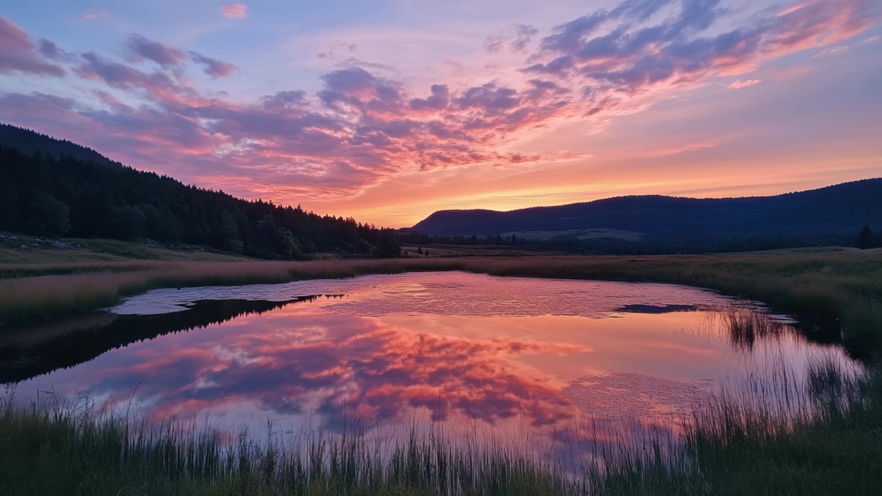 Dramatic Pink and Orange Sunset Reflected in a Serene Mountain Pond
