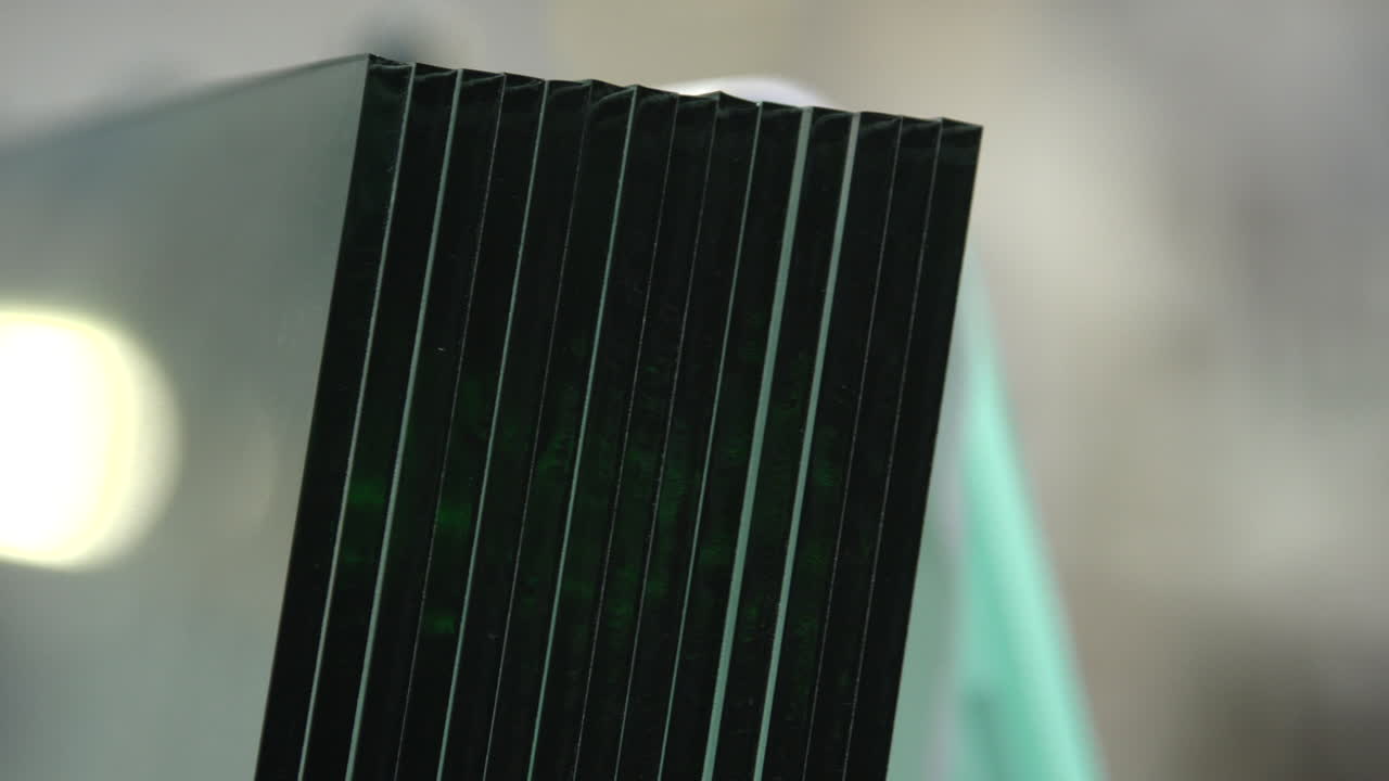 una pila de enormes paneles de vidrio en el almacén