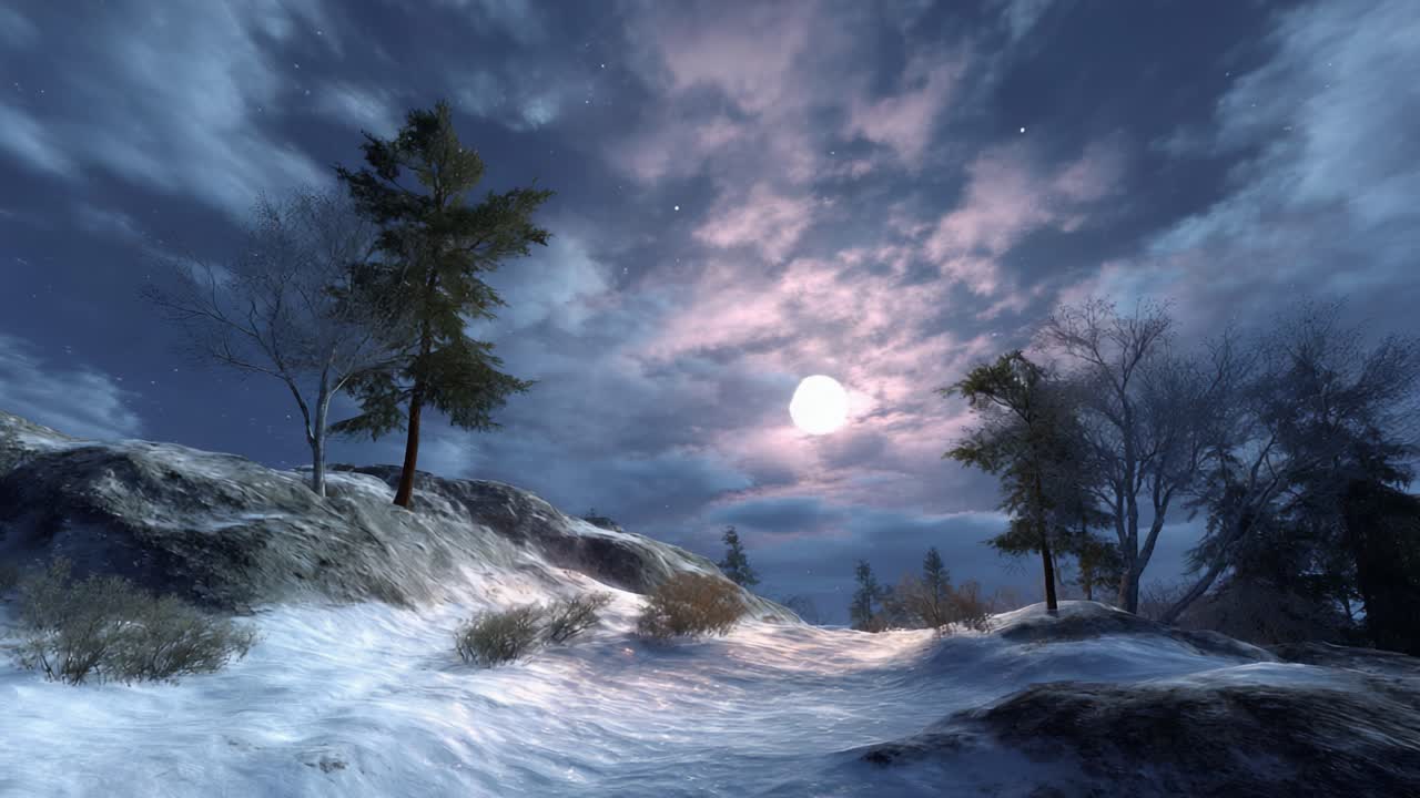 Un sereno paesaggio invernale sotto un cielo lunare, che cattura la bellezza del terreno innevato e dei pini illuminati dalla luce brillante della luna