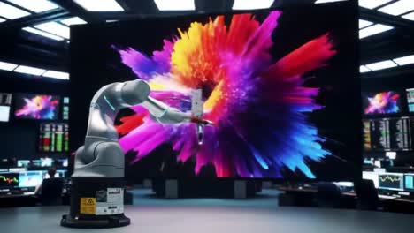 a robotic arm creating stunning visual displays in a high-tech environment, showcasing advanced technology and innovative artistry in real-time interaction