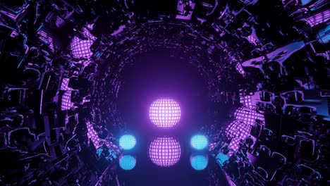 motion graphics sci fi: travel inside futuristic short reflective tunnel with neon green flashing spotlights with purple and blue glowing metallic rotating spheres