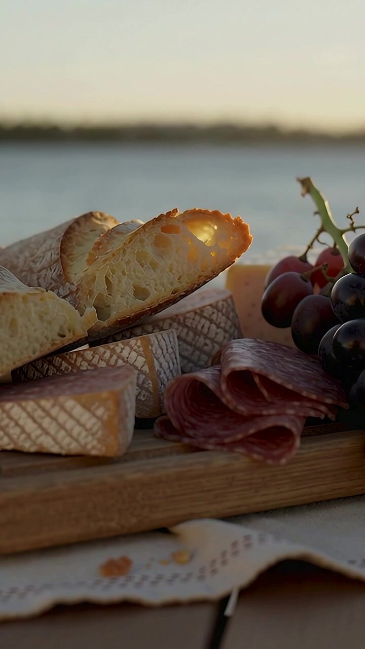 Vertical video: Pushing camera in at shore as sunlight passing through bread hole, showing cheese