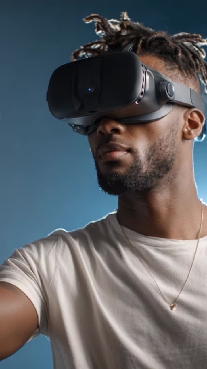 Esplorando nuove realtà: un uomo immerso nella realtà virtuale con un visore e un ambiente digitale coinvolgente in un ambiente da studio