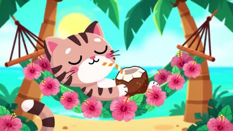 A Relaxing Cat Enjoys a Tropical Getaway, Sipping from a Coconut While Lounging in a Vibrant Hammock Surrounded by Beautiful Flowers and Palm Trees