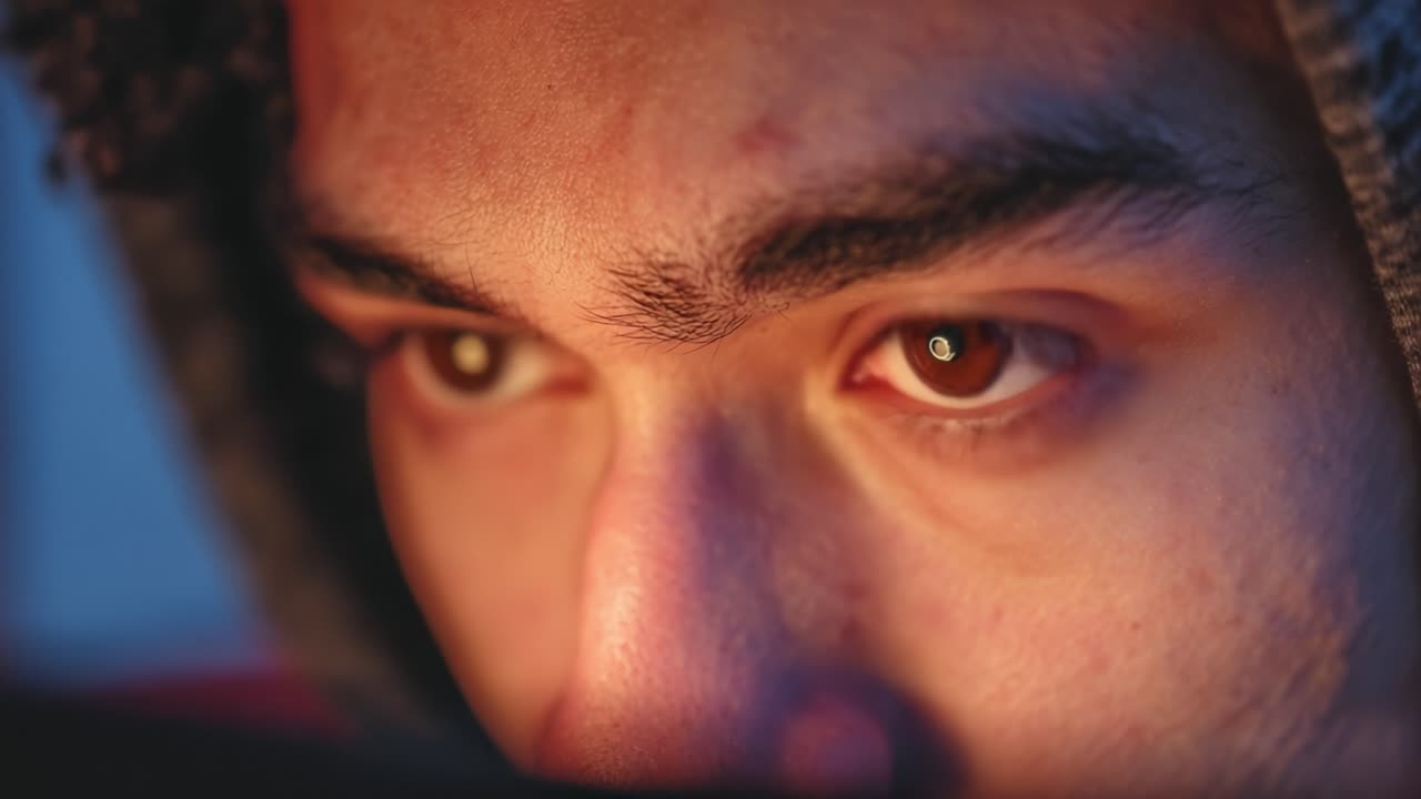 Close-Up of an Individual's Intense Gaze, Capturing a Moment of Focus and Emotion While Engaged with a Screen in a Dimly Lit Environment