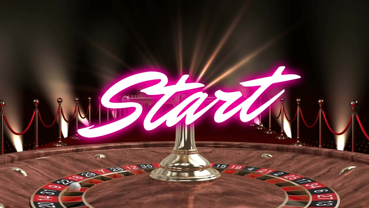 Animazione del testo 'start' su roulette da casinò e luci spot sullo sfondo