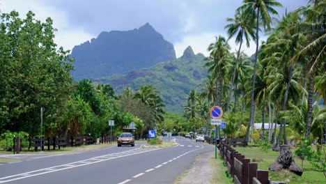 rugged mountainous landscape, palm trees, and traffic on roads on tropical island of moorea, french polynesia, south pacific