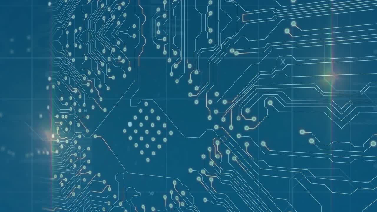 마이크로프로세서 연결을 통해 밝은 점의 애니메이션과 파란색 배경에 대한 데이터 처리