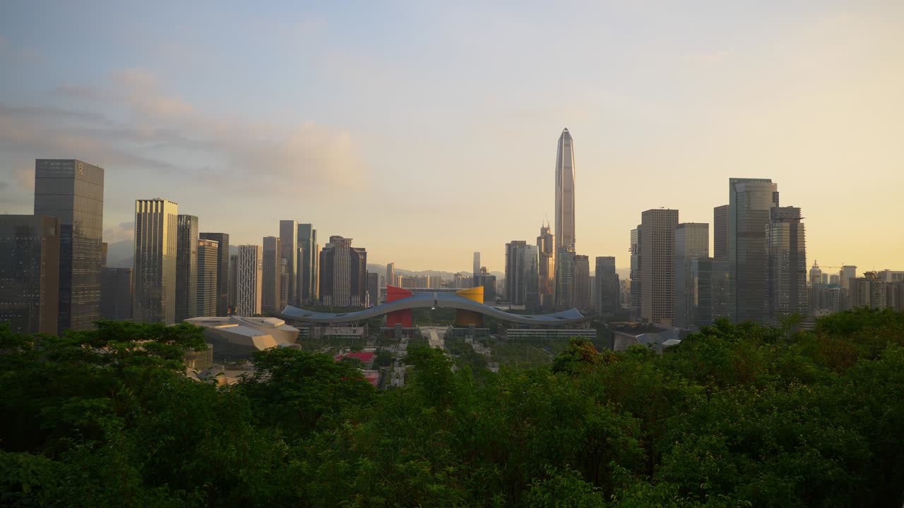 hora de puesta de sol ciudad de shenzen centro del parque punto de vista panorama 4k china