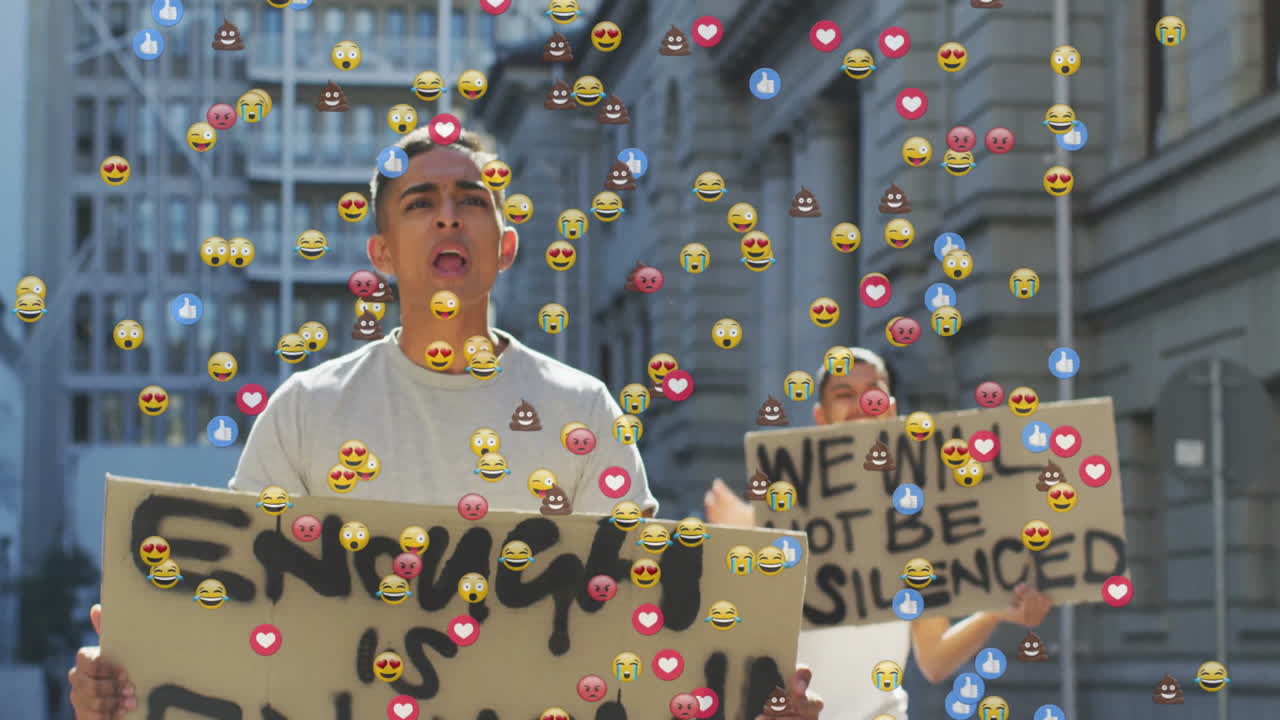 Two male protesters holding cardboard signs shouting, with floating emojis boosting tech engagement