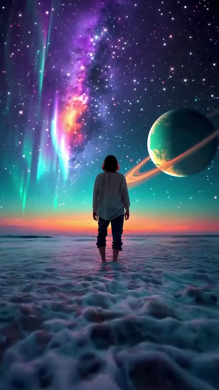 Mulher em Pé na Água Contemplando um Céu Cósmico com Planeta e Aurora.