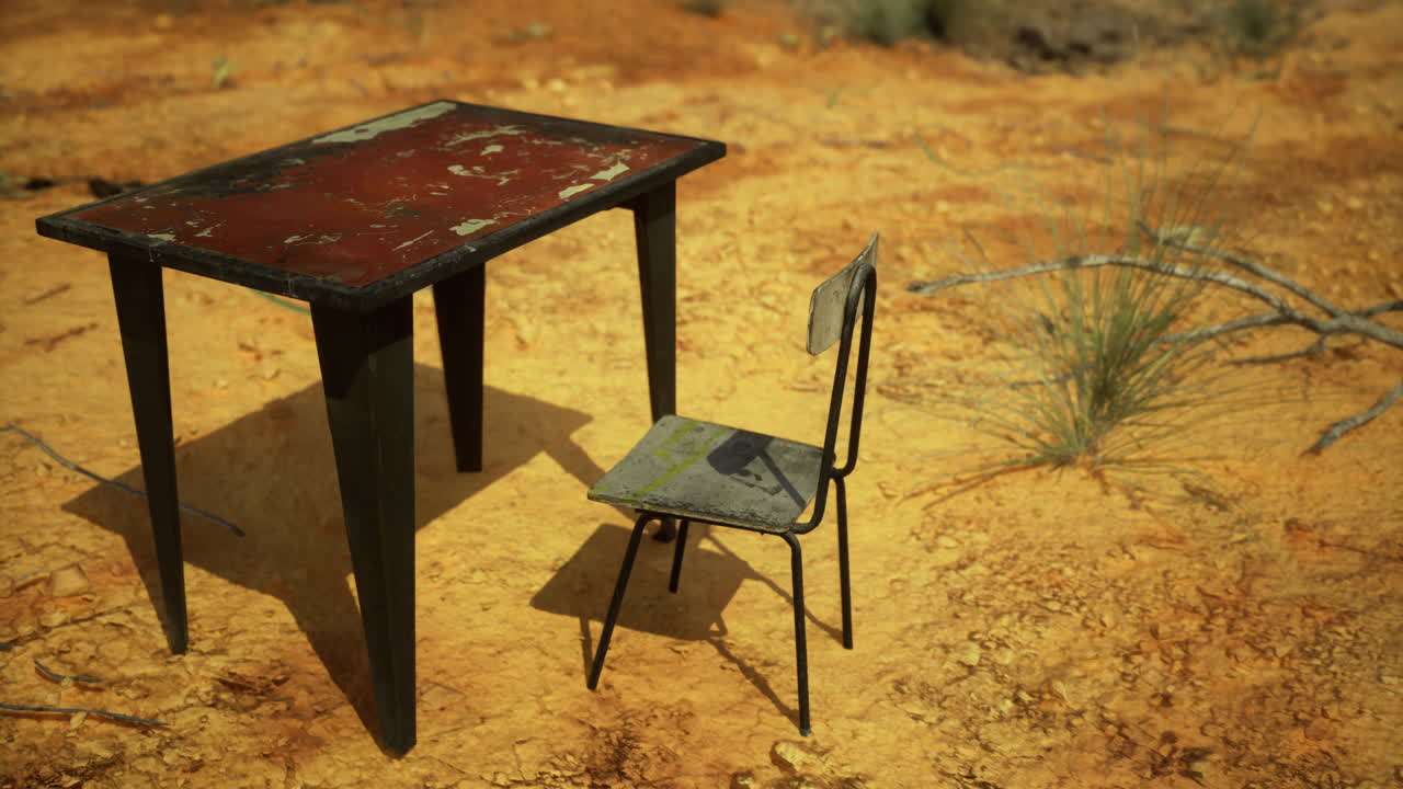 Abandoned table and chair sit under the vast dry landscape