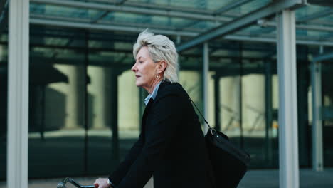 Businesswoman,-commute-and-riding-a-bike-to-work