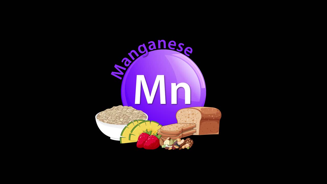 A purple manganese element icon smoothly transitions to reveal assorted manganese-rich foods on a black background, using simple, clear motion and bright colors