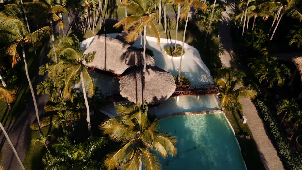 piscina con bar tiki en resort tropical con palmeras