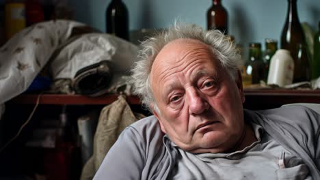 worn senior man sitting quietly in cluttered living space, gazing directly with weary, melancholic expression revealing deep emotional complexity of aging and solitude