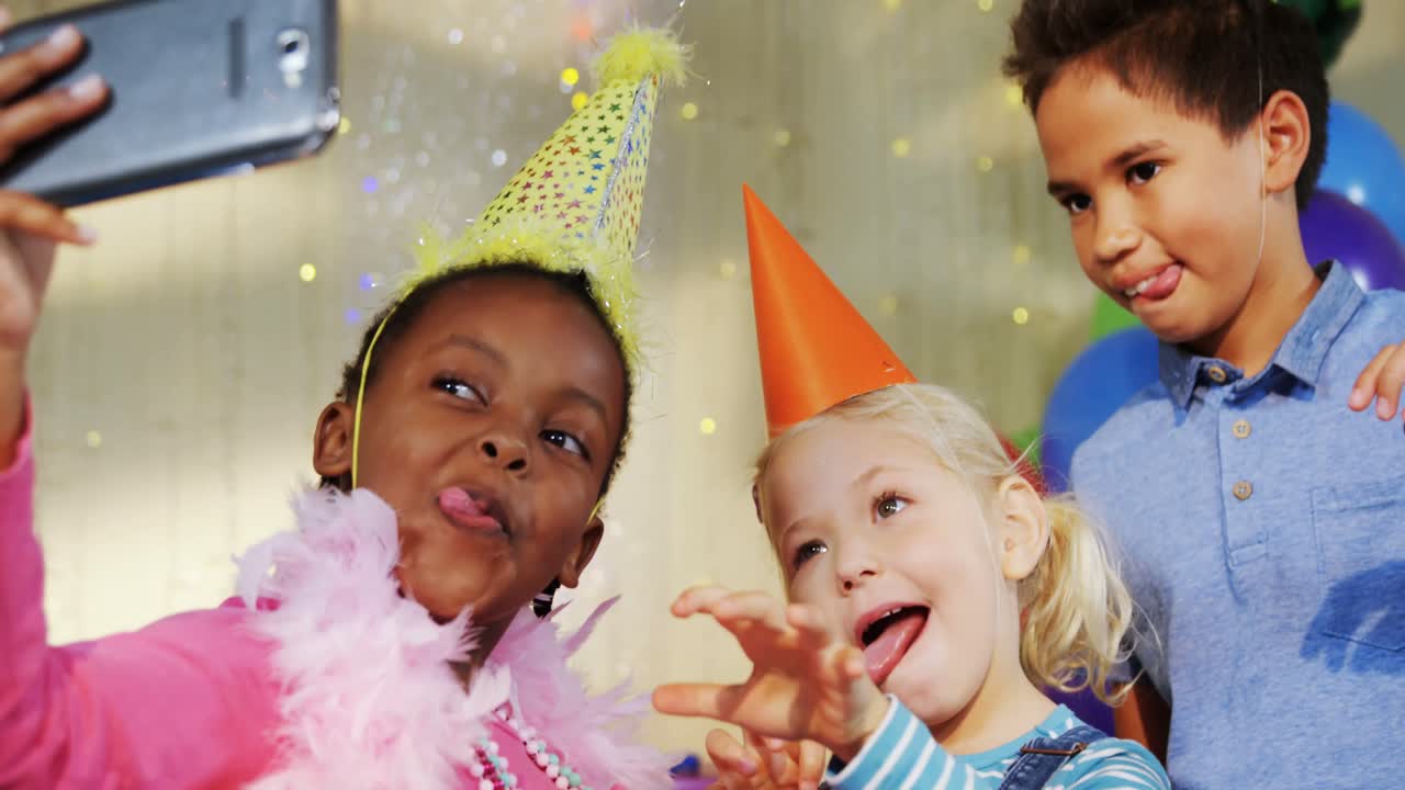 Kids talking selfie during birthday party 4k