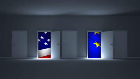 digital animation showing american and european flag through the open doors 4k