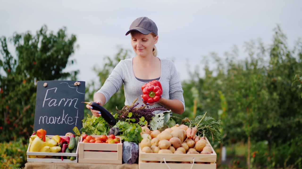 젊은 여성 농부가 농민 시장 카운터에 채소를 놓고 있다