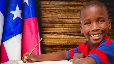 animation of african american boy smiling over american flag