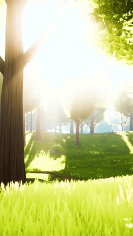 sunlit forest with lush green grass