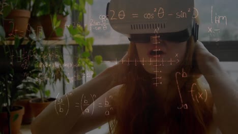 Animation-of-mathematical-drawings-and-equations-over-woman-wearing-vr-headset