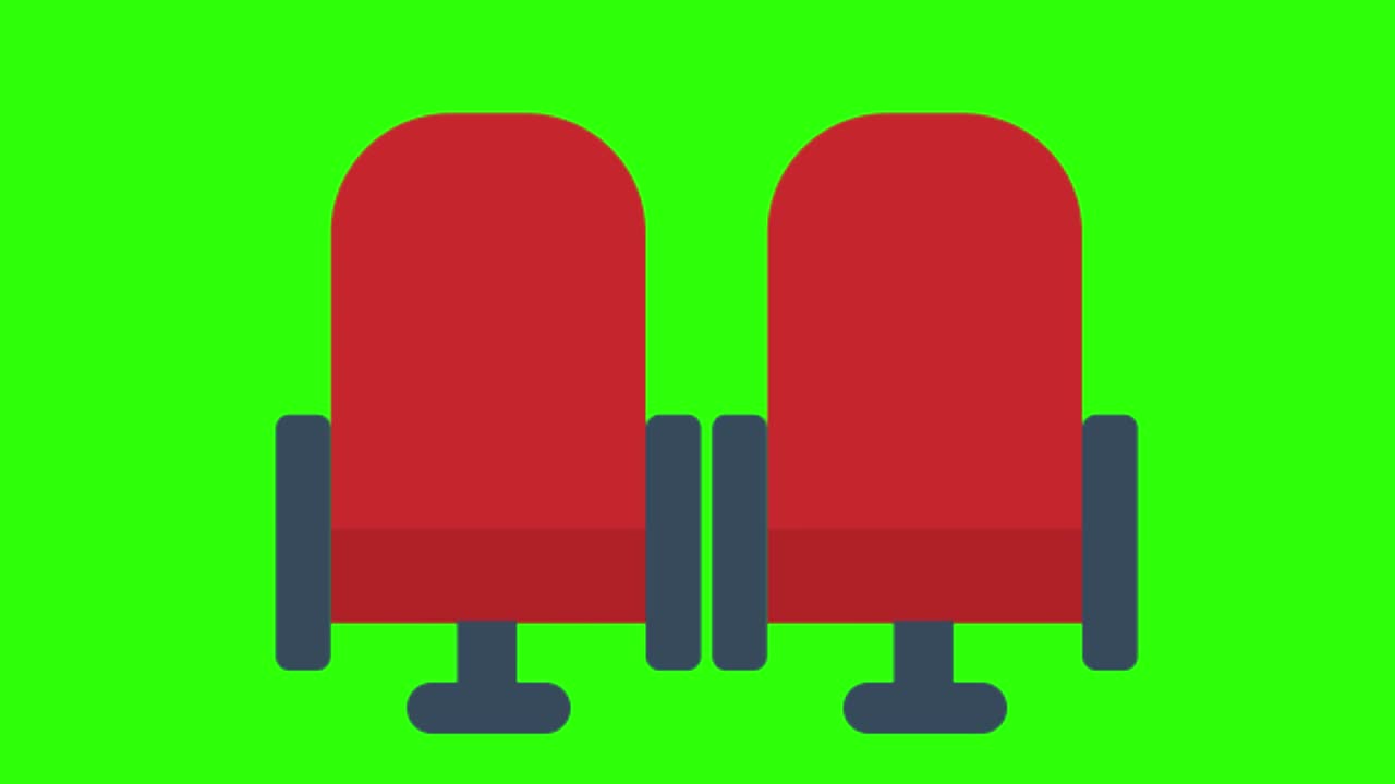 초록색 화면에 빨간색 영화관 의자의 2d 애니메이션 일러스트레이션