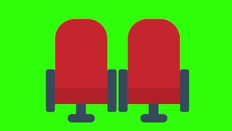 ilustración animada en 2d de sillas de cine rojas en una pantalla verde