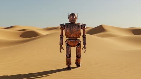 a rusty robot stands alone in a vast desert landscape under a clear sky, highlighting themes of isolation and futuristic technology in a arid setting