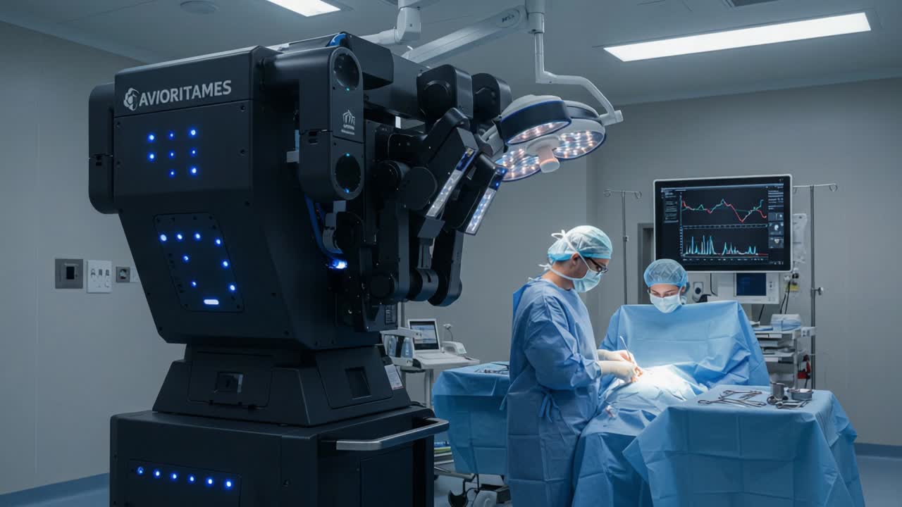 Advanced Robotic Surgery in Action: A Surgeon's Precision with Automated Assistance in a State-of-the-Art Operating Room Setting