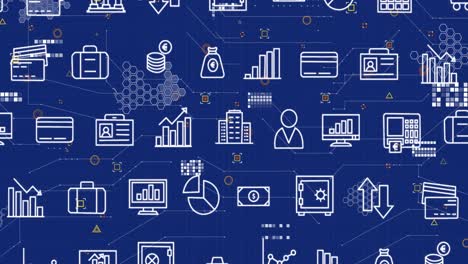 animación de múltiples iconos digitales y conexiones de microprocesador contra un fondo azul