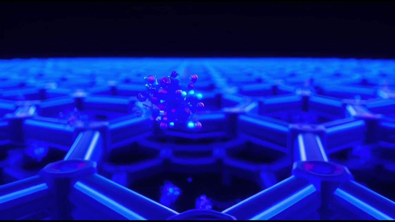 Animazione 3D astratta di struttura molecolare e interazione tra particelle