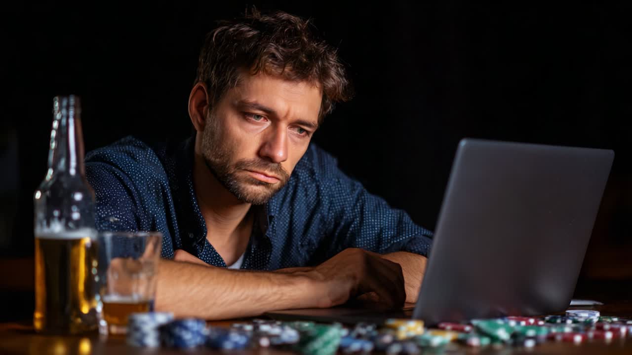 A serious man contemplates his next move at the poker table, surrounded by scattered chips and a beer. The dimly lit room reflects the tension of high-stakes gambling while he stares blankly at his screen