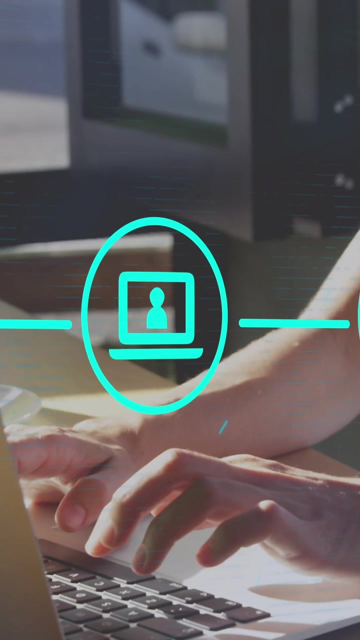 Animation of connected icons over smiling woman working on laptop in cafes