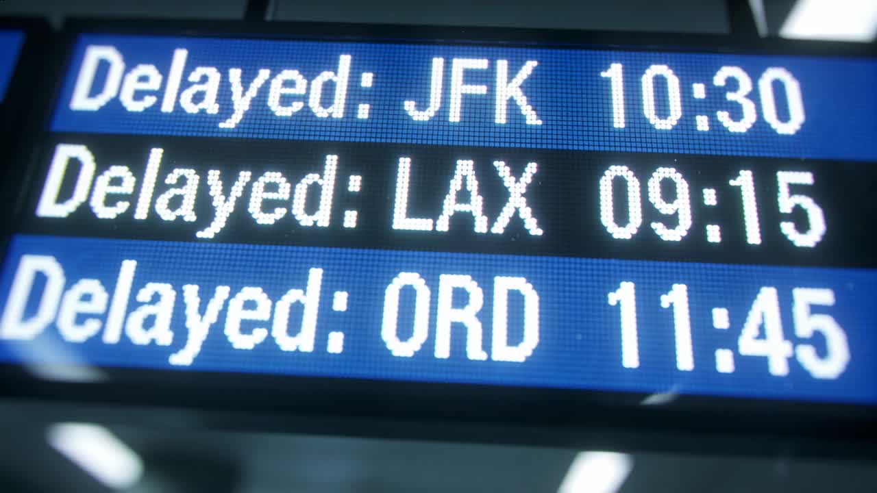 Spostamento della telecamera che mette a fuoco il tabellone elettronico delle partenze in aeroporto, con effetto bokeh a LED.