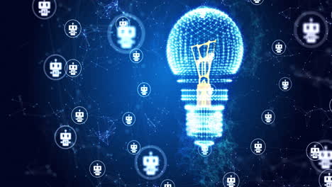animation of light bulb spinning with network of connections on blue background