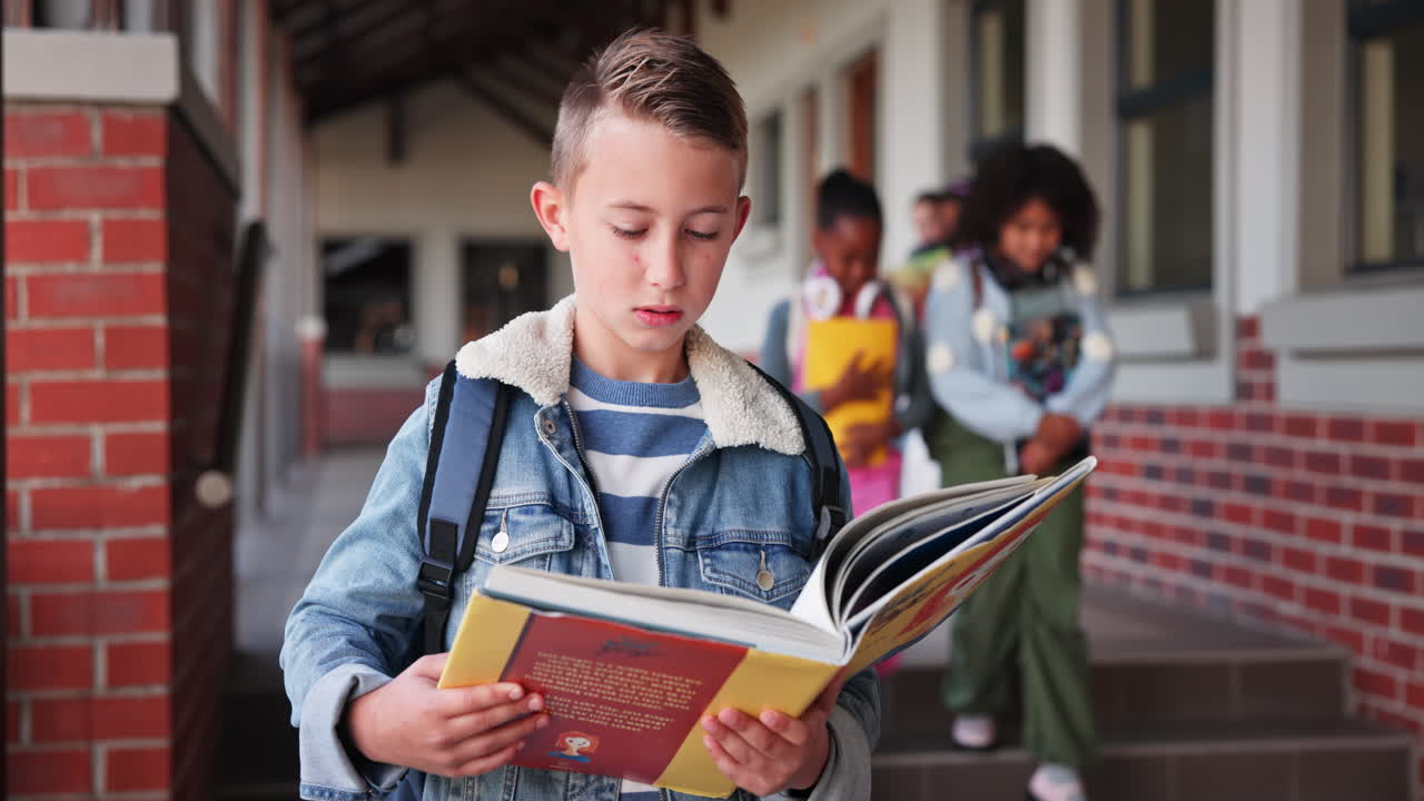 Ragazzo che legge un libro davanti alla scuola