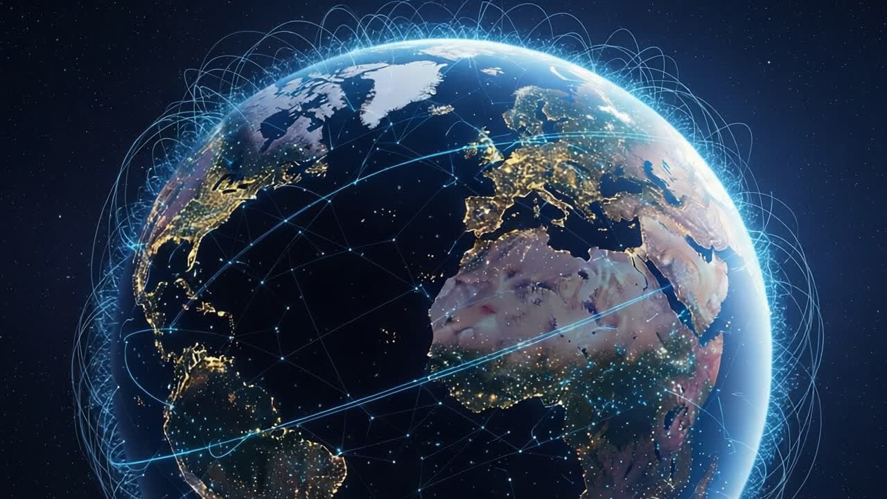 A Stunning Visual of Earth Showcasing Global Connectivity with Vibrant City Lights, Luminous Networks, and a Beautiful Nighttime Perspective of Our Planet