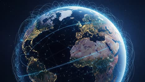 a stunning visual of earth showcasing global connectivity with vibrant city lights, luminous networks, and a beautiful nighttime perspective of our planet