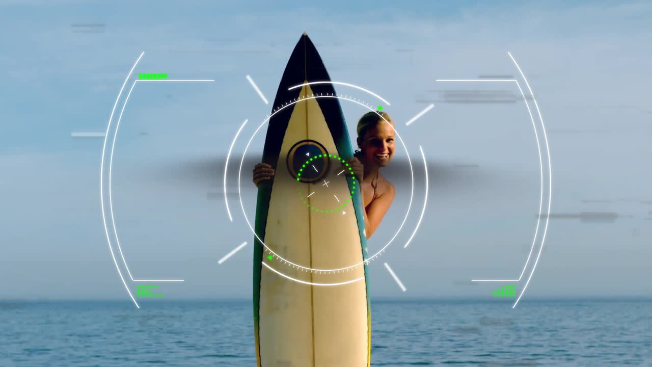Holding surfboard, person with digital target overlay in ocean animation background